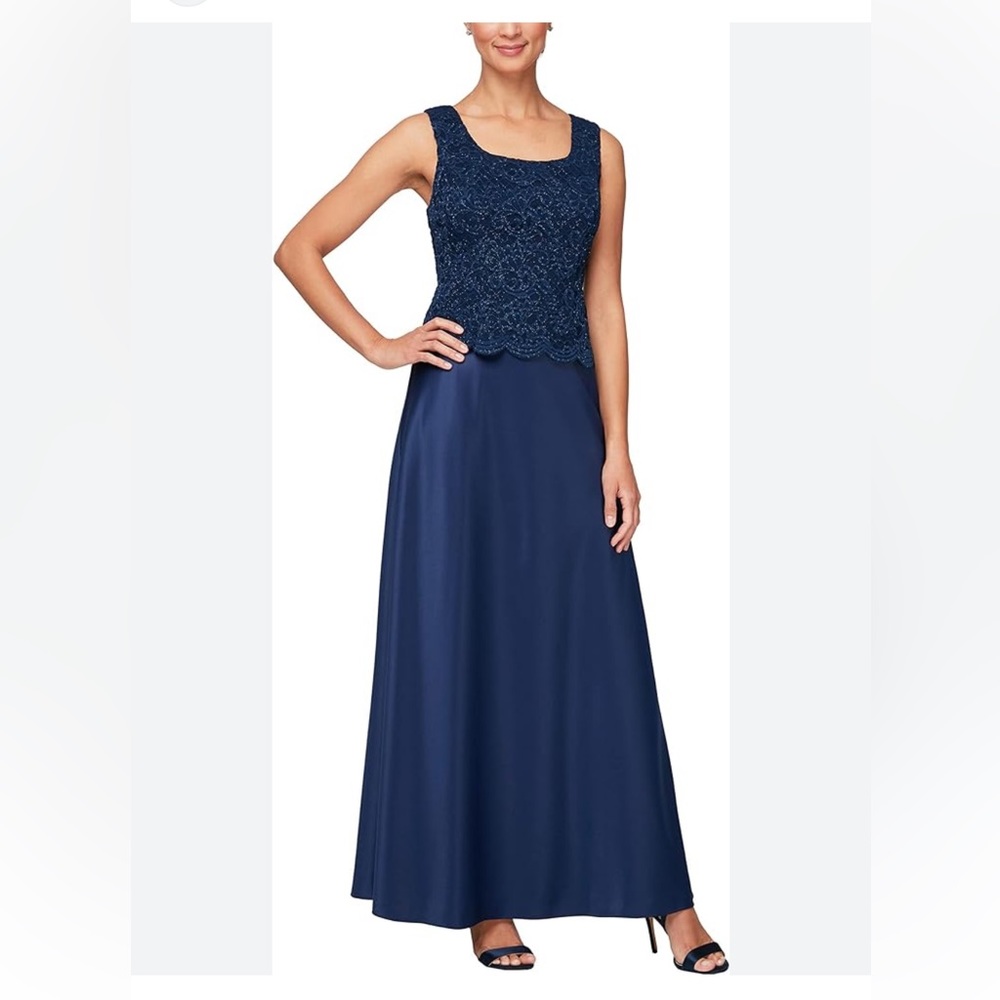 Alex evenings navy blue lace satin Aline maxi dress size 8 - Picture 1 of 9